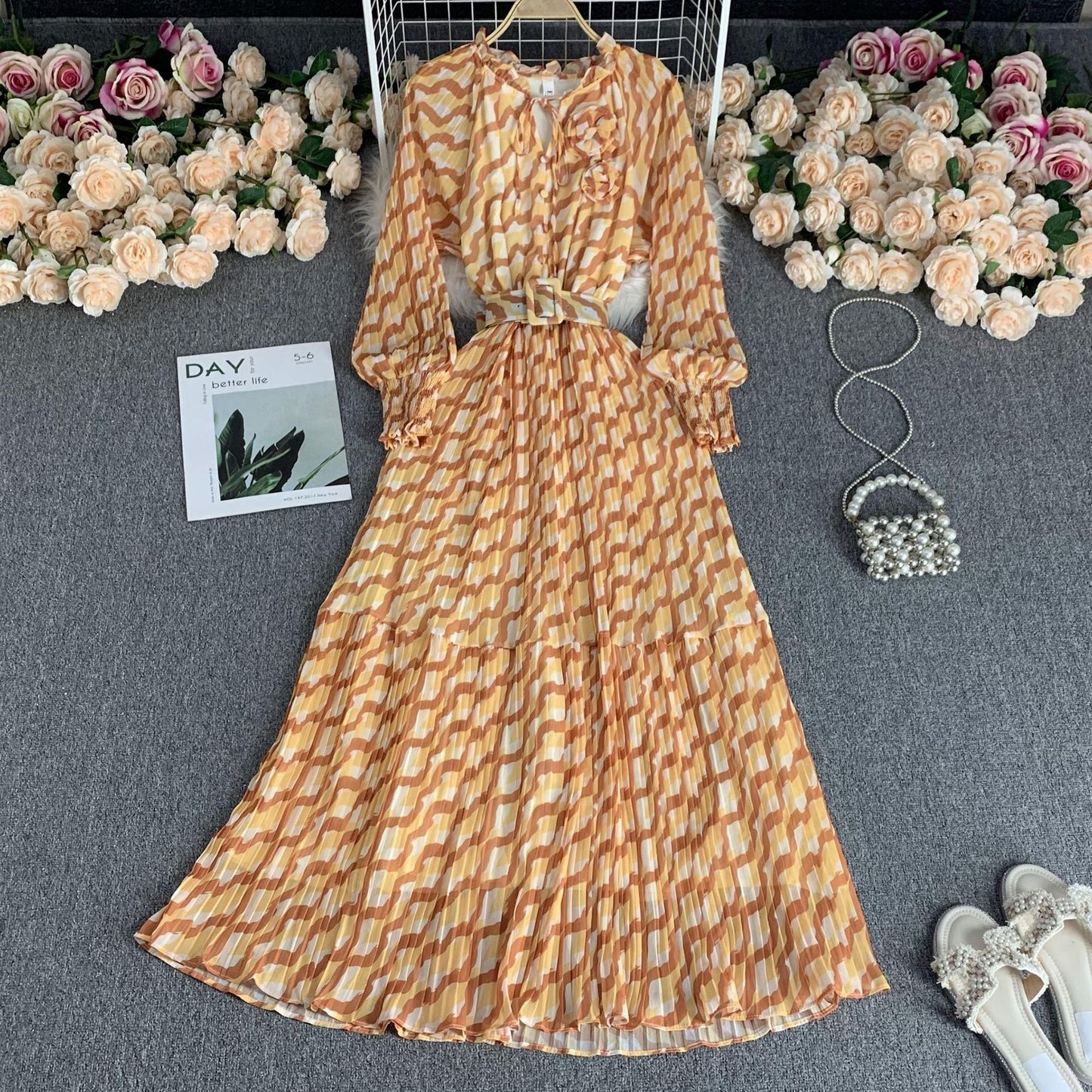 Robe de vacances en mousseline de soie super longue pour femme, taille haute, coupe ajustée, amincissante