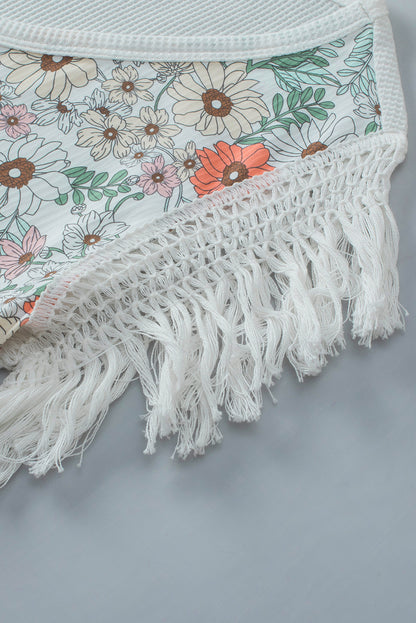 Haut au crochet à franges en dentelle de gaze froissée florale blanche