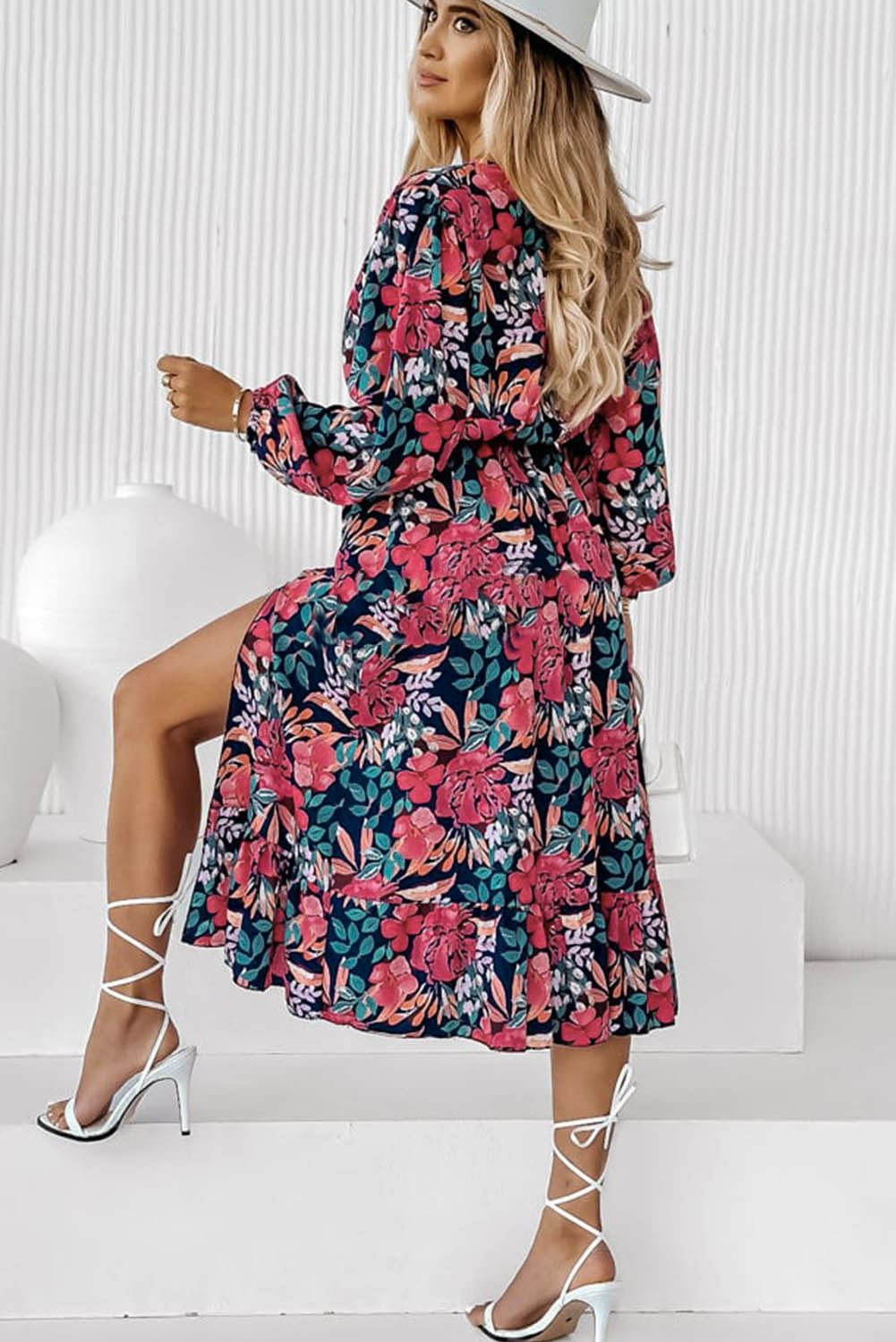 Fiery Red V Neck Elastic High Waist Split Floral Dress