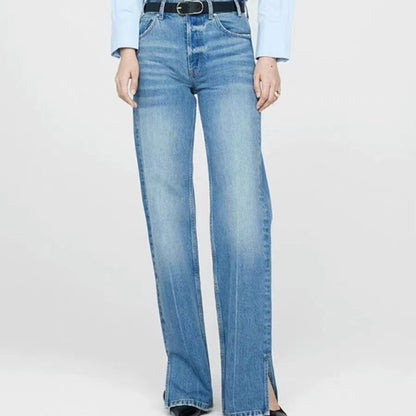 Jean droit femme taille moyenne bleu nordique avec patte de boutonnage