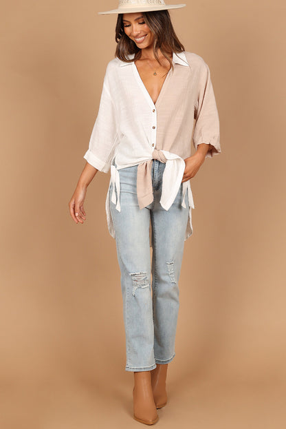 White V Neck Collared Curved Hem Contrast Colorblock Shirt