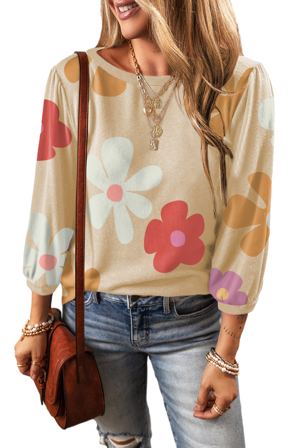 Apricot Cute Flower Print Bracelet Sleeve Top