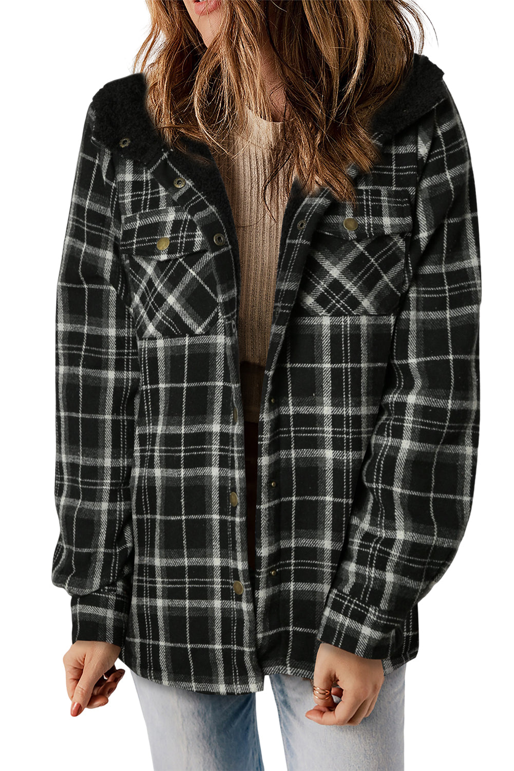 Plaid Pattern Sherpa Lined Hooded Shacket