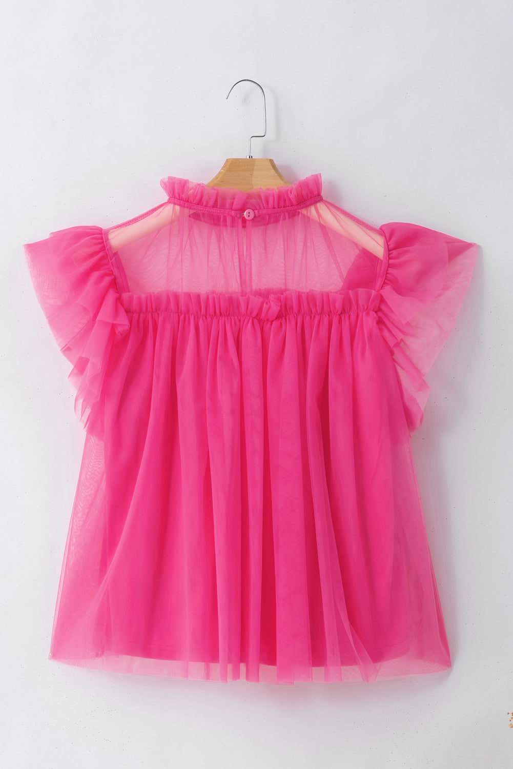 Blouse babydoll évasée à manches volantées en tulle rose fraise