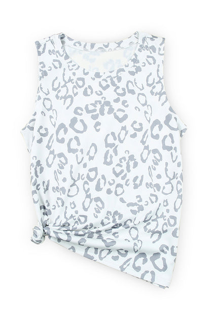 Gray Leopard Print Crew Neck Tank Top