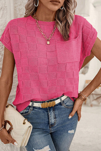 Blusa holgada con bolsillo en el pecho de punto con textura de celosía rosa brillante