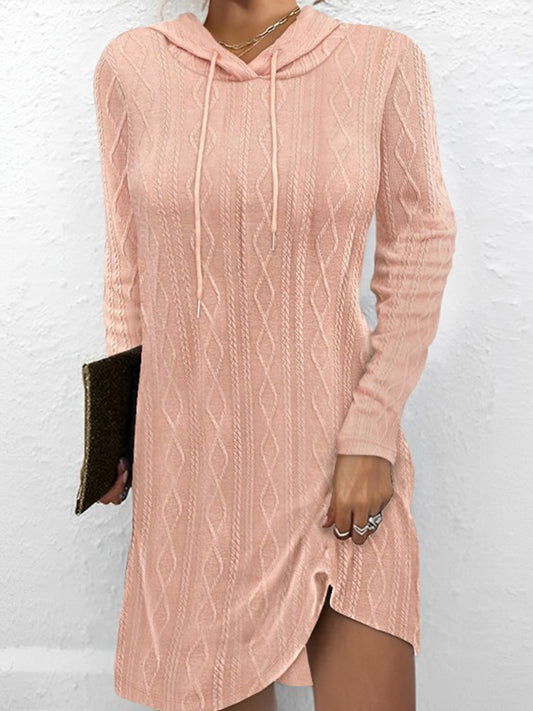 Textured Drawstring Long Sleeve Hooded Dress