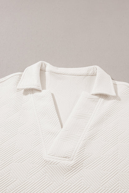 White Textured V Neck Collared Short Sleeve Top