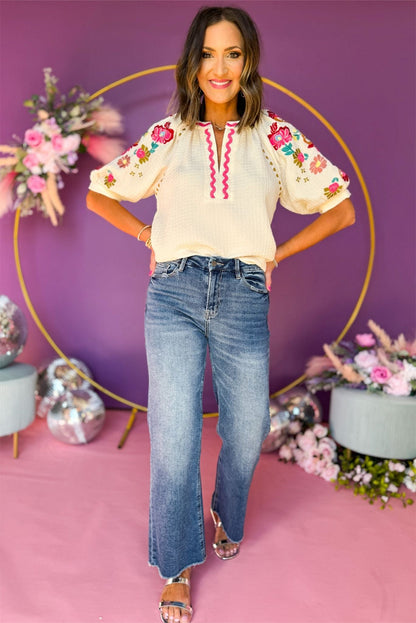 Beige Floral Embroidered Puff Sleeve Ricrac Textured Blouse