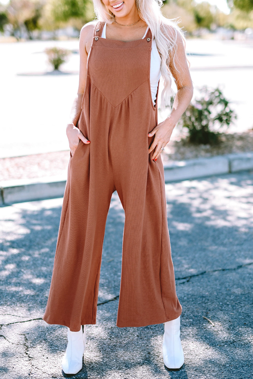 Black Textured Buttoned Straps Ruched Wide Leg Jumpsuit