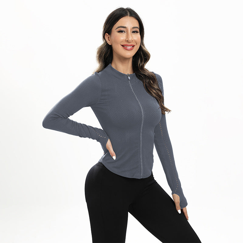 Manteau de vêtements de Yoga pour femmes, col rond, manches longues, fermeture éclair, sport, Fitness