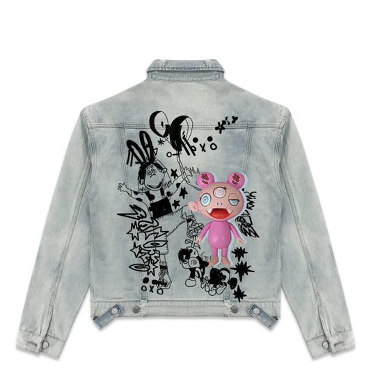 Doll with hand-painted lapel denim jacket