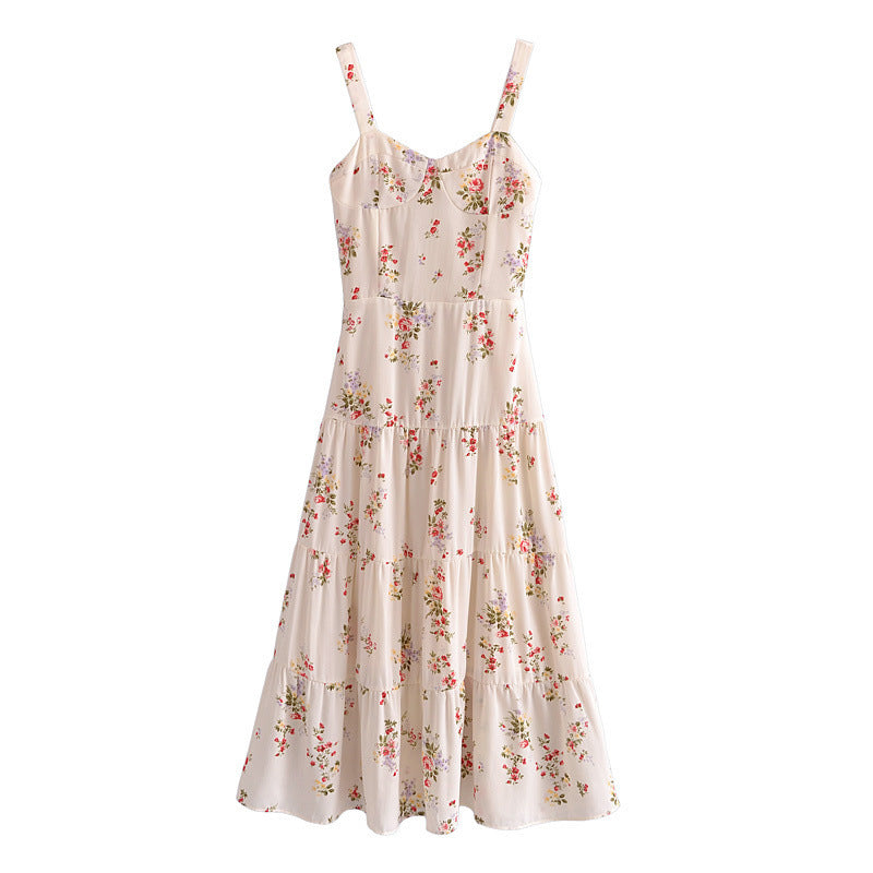 Women's French Style Vintage Small Floral Printed High Waist Slim Fit Slimming Suspenders Dress