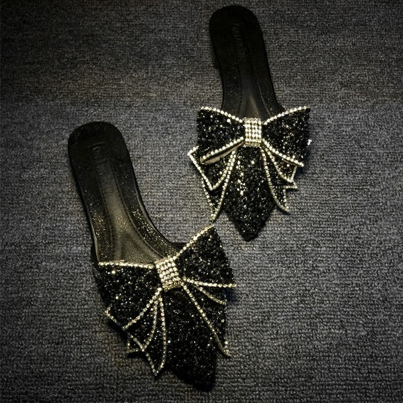 Pantuflas medias con lazo puntiagudo y diamantes de imitación para mujer a la moda