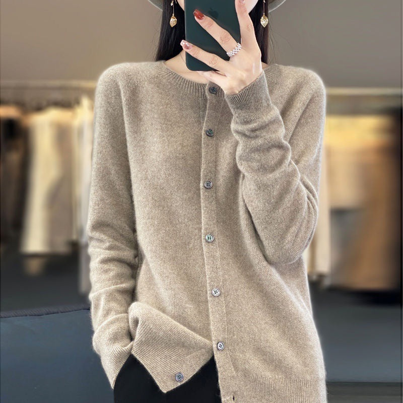 Wool Round Neck Cashmere Cardigan Knitted Coat