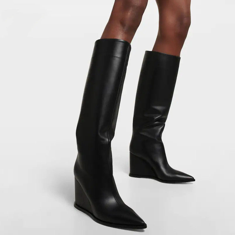 Bottes hautes compensées en cuir à grande circonférence de tube pour femmes