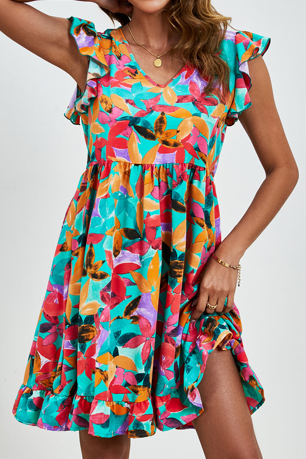 Green Leaf Print V Neck Fluttter Sleeveless Mini Dress