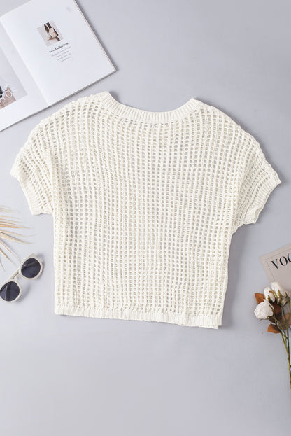 Apricot Fishnet Knit Ribbed Round Neck Short Sleeve Sweater Tee