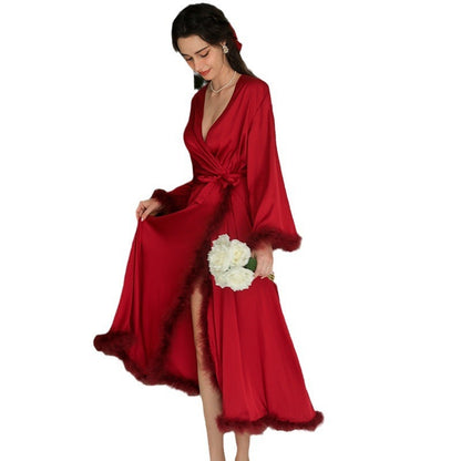 Women's Feather Satin Long Robe