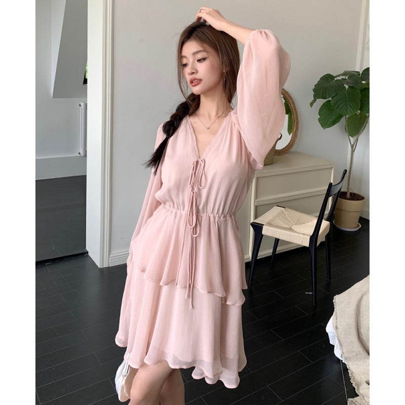 Women's V-neck Lace-up Long Sleeve Elegant Lantern Sleeve Dress