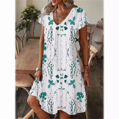 Floral 3D Printed V-neck Short Sleeve Dress