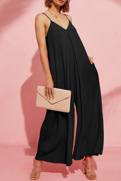 Black Spaghetti Straps Backless Wide Leg Jumpsuit