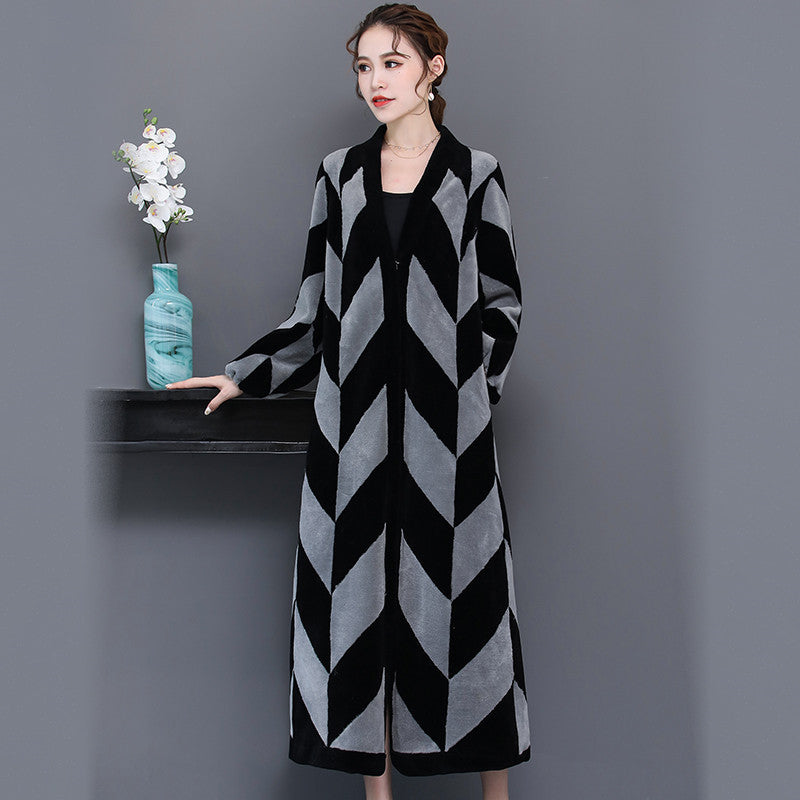 Sheep Sheared Women's Long Over-the-knee Fur Patchwork Coat