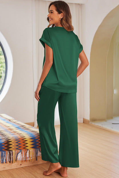 Dark Green Guipure Trim V Neck Satin Loungewear Set