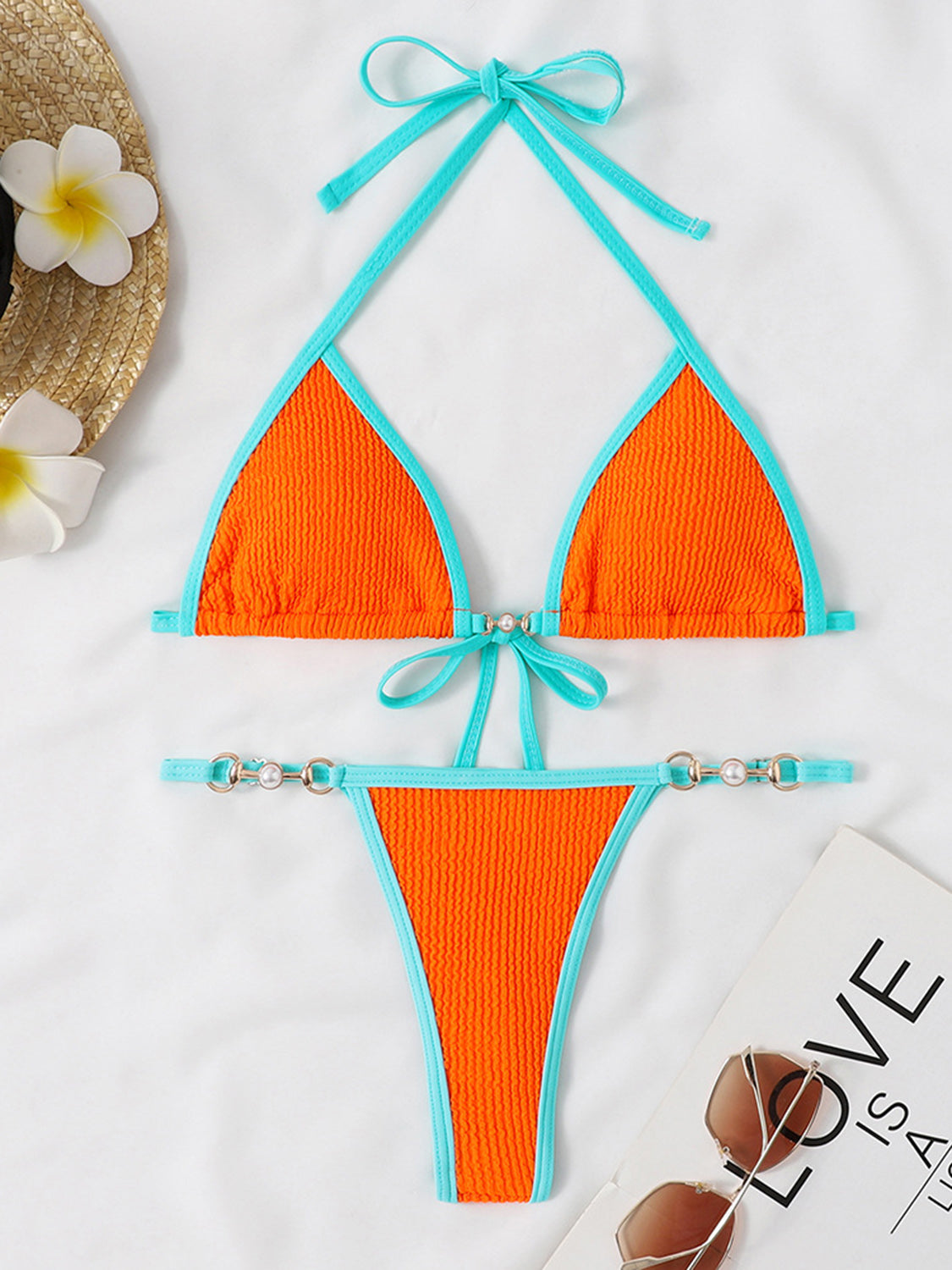 Ensemble de bikini deux pièces à col licou contrasté texturé