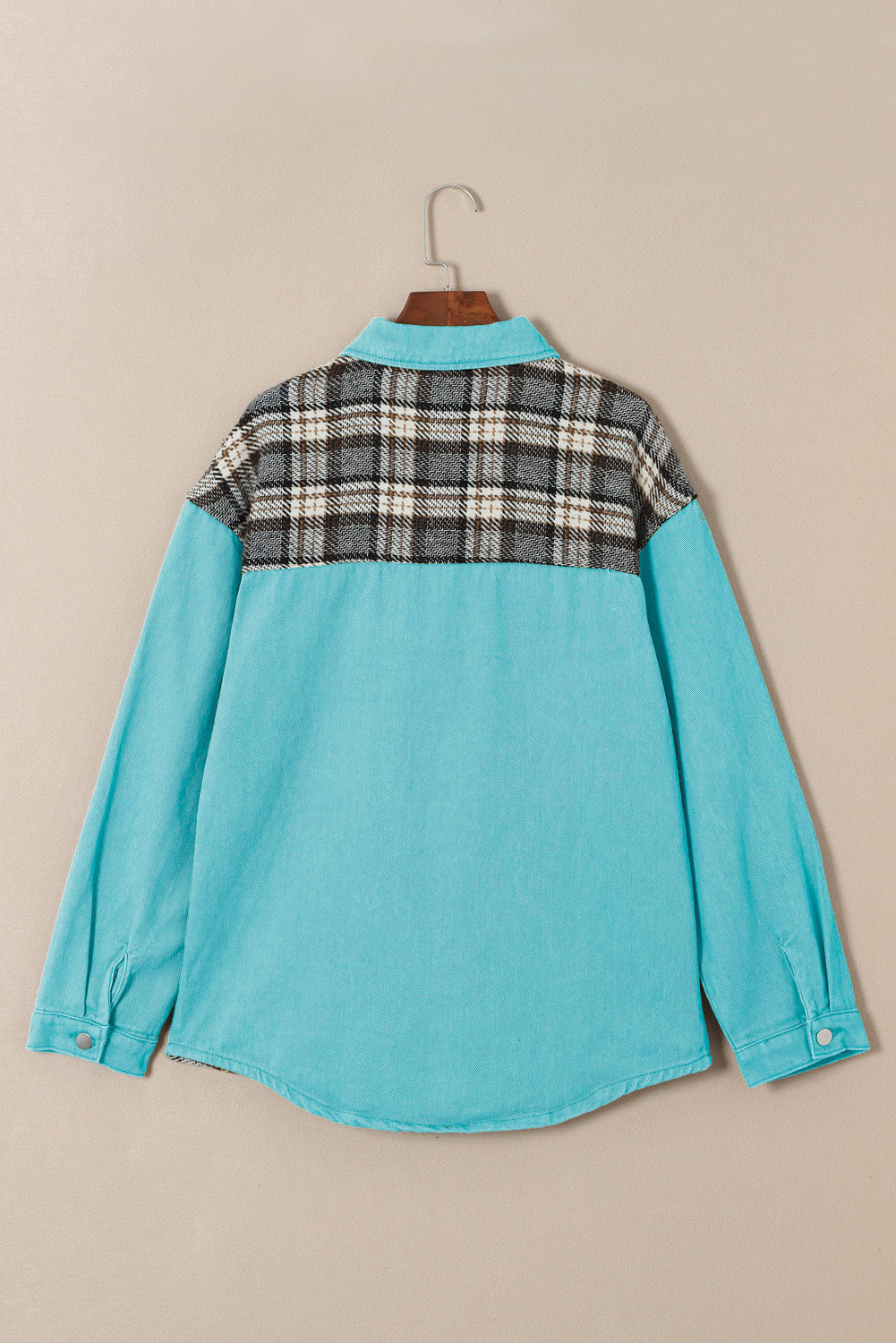 Sky Blue Plaid Patchwork Pockets Denim Jacket