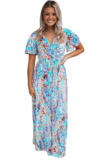 Robe portefeuille longue à manches courtes et col en V, imprimé abstrait Boho Rose, vente en gros