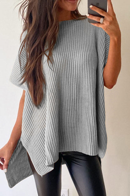 Top extragrande de punto con manga dolman corta y abertura lateral gris