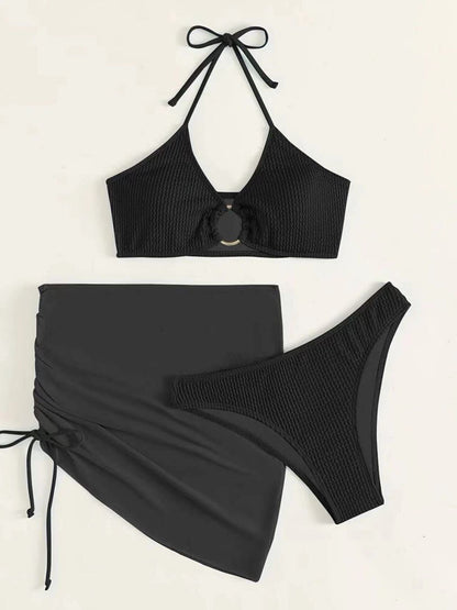 Tied Halter Neck Three-Piece Swim Set