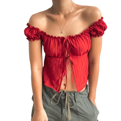 All-match Short Sleeve Puff Sleeve Hot Girl Tied Top Women