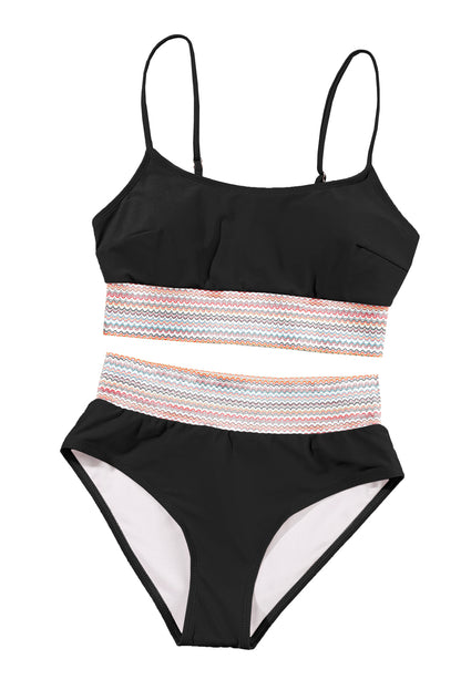 Sky Blue Striped Patchwork Spaghetti Strap High Waist Bikini Swimsuit