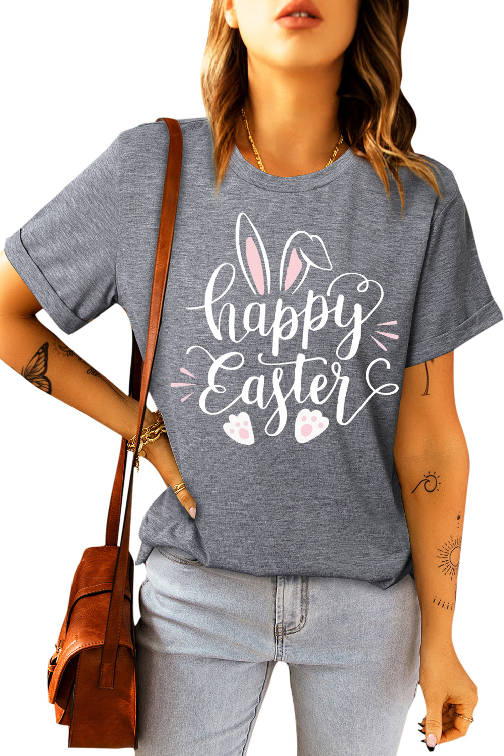 Gray Happy Easter Rabbit Graphic Rolled Up Sleeve Tee