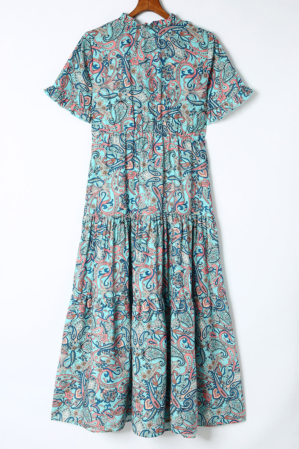 Robe longue à volants et à plusieurs niveaux style bohème imprimé cachemire bleu ciel