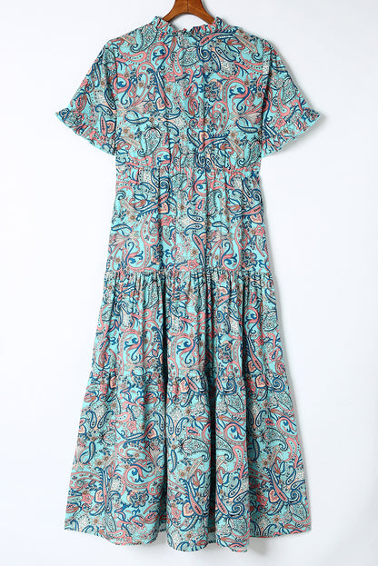 Robe longue à volants et à plusieurs niveaux style bohème imprimé cachemire bleu ciel