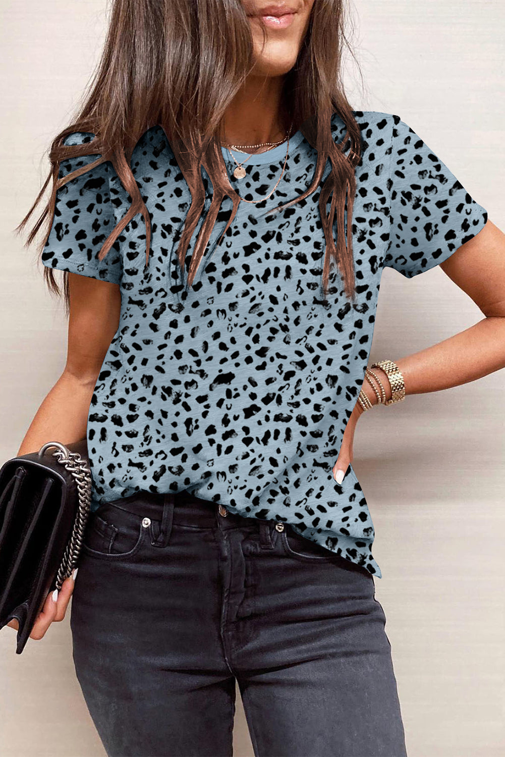 Apricot Cheetah Print O-neck Short Sleeve T Shirt