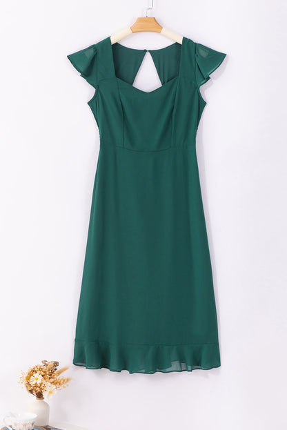 Sea Green Shirred Open Back Sweetheart Neck Ruffled Midi Dress