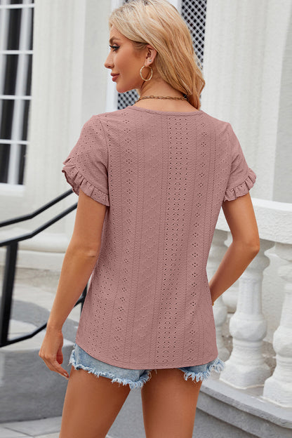 Eyelet Round Neck Petal Sleeve T-Shirt