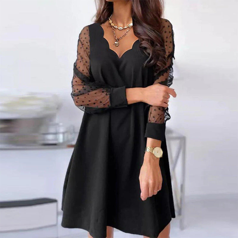 Casual Lace Long Sleeve Wave V-neck Dress