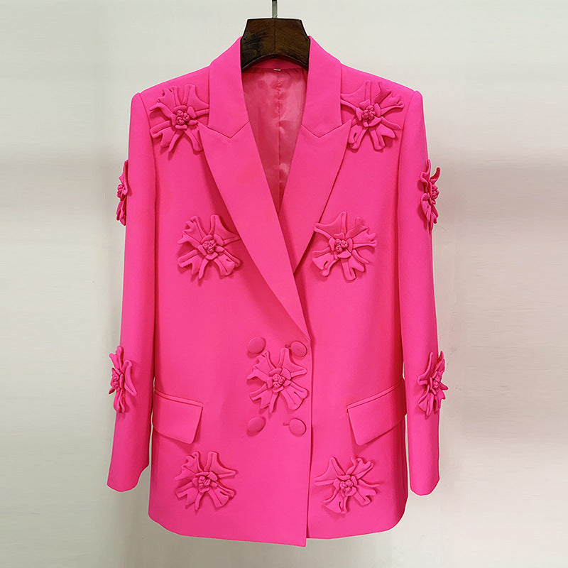 Chaqueta de traje con decoración floral tridimensional de industria pesada con doble botonadura