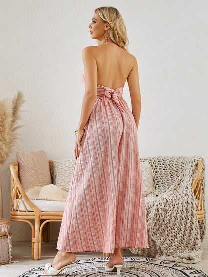 Vestido largo bohemio con cuello halter: vestido playero holgado sin mangas de verano para mujer