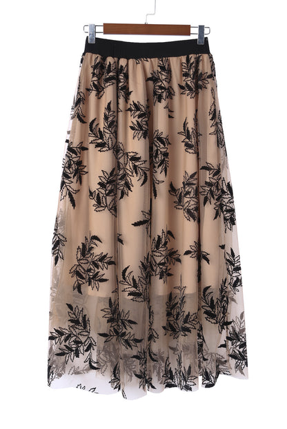 Apricot Floral Leaves Embroidered High Waist Maxi Skirt