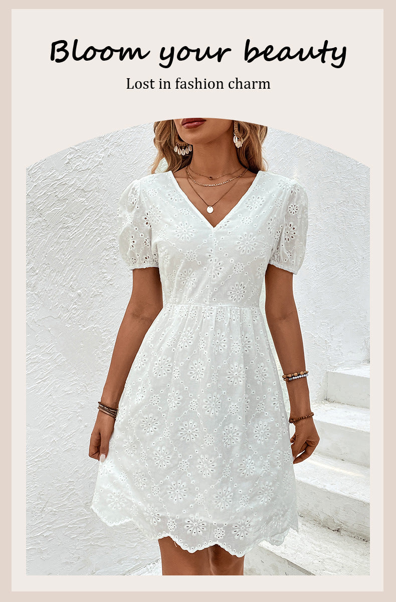 Women's Summer Wear V-free Neck Puff Sleeve Dress