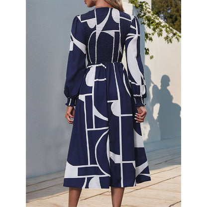 Women's Long-sleeved Printed Dress A- Line Skirt