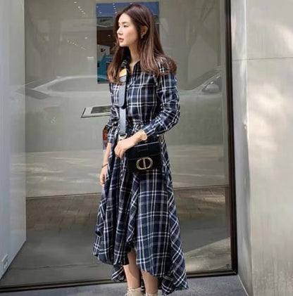 Long Temperament Long Sleeve Plaid Shirt Dress