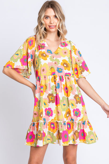 GeeGee Mini-robe florale pleine taille à col en V et bordure à volants