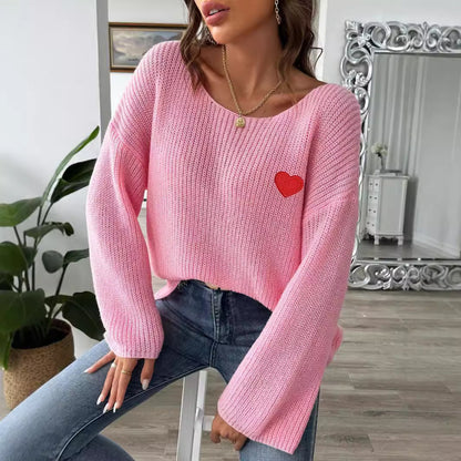 Pull à col rond et manches évasées pour femme avec broderie Love